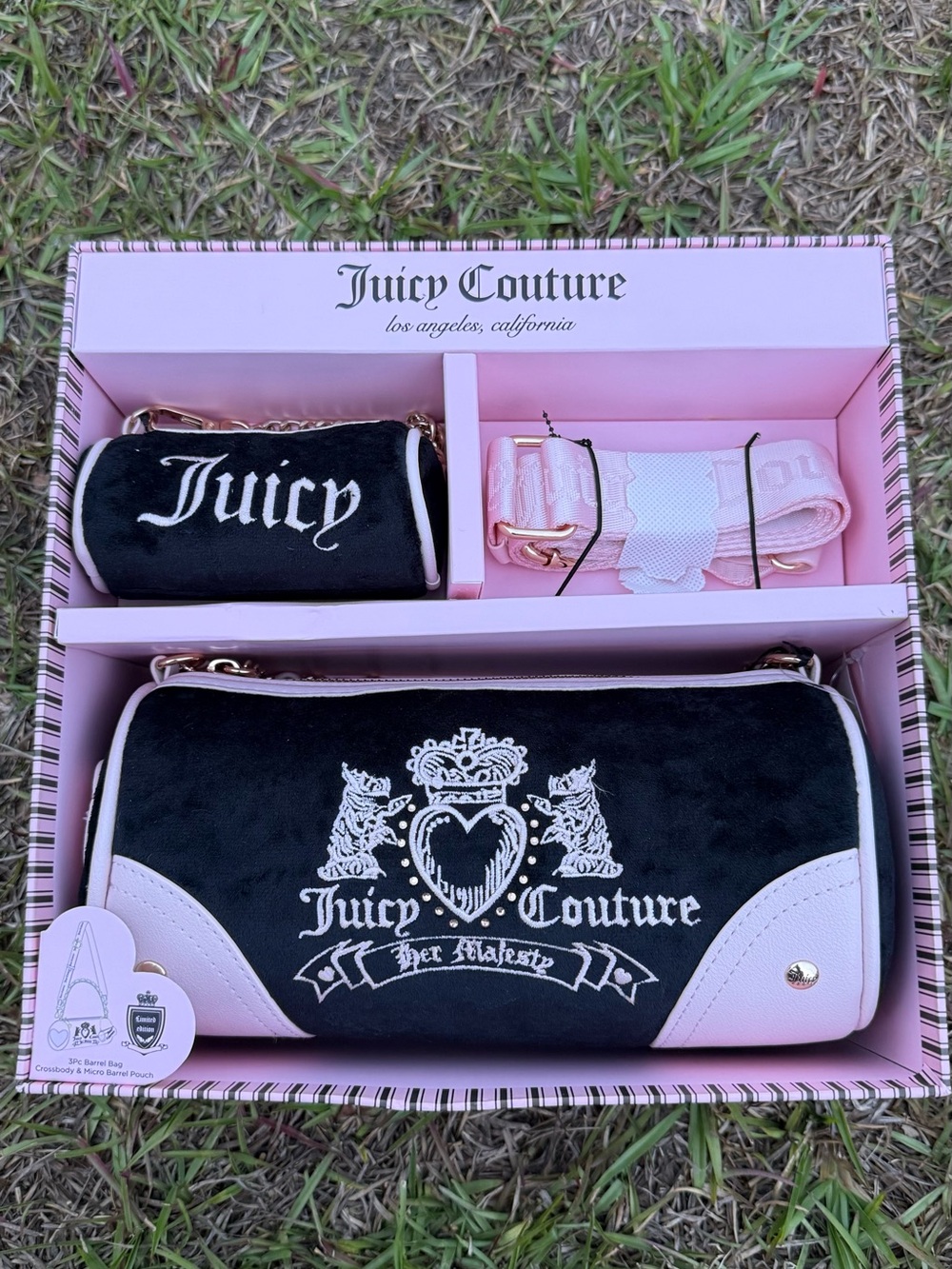 Juicy Couture Her Majesty Heritage Barrel Shoulder Bag set in black NWT